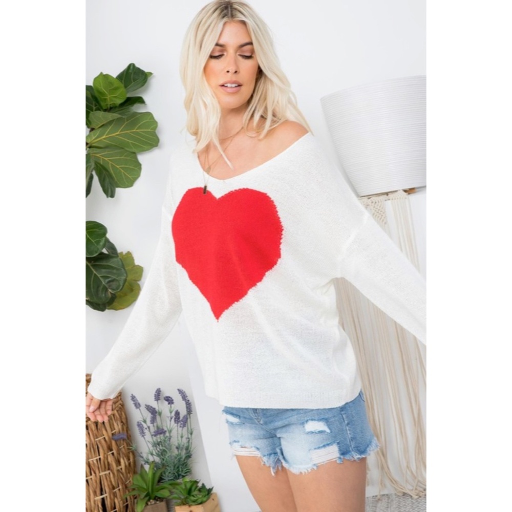 SOLD OUT White Red Heart Knit V-Neck Valentines Day Long Sleeve Relaxed Sweater - Picture 9 of 10